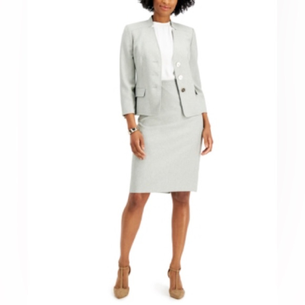 New Le Suit Skirt 2 Piece Suit Blazer Citrine Gray Gold Tone Buttons Size 12